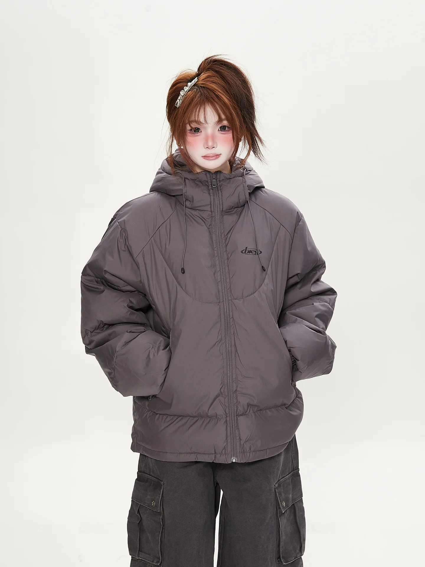 

American Sle Loose Women's Thiened Cotton Jaet Winter Warm Retro Dstring Coat Trendy Long Sve Zipper Closure Soli...