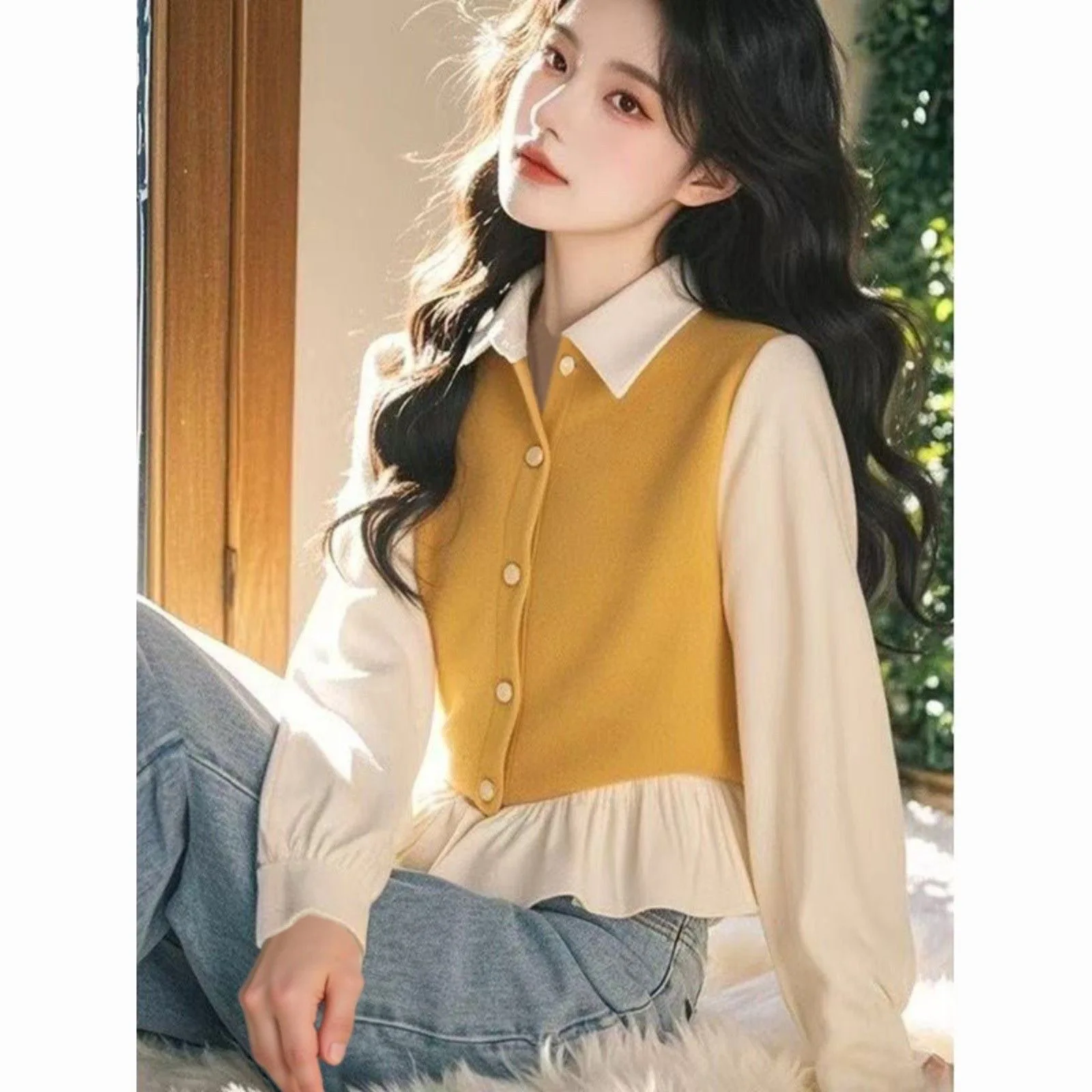 

Long Sleeve Shirts Women Satin Plaid Slim Fit Round Neck Romantic Feminine Yellow Spring Office Daily Clothing Comfortable Light