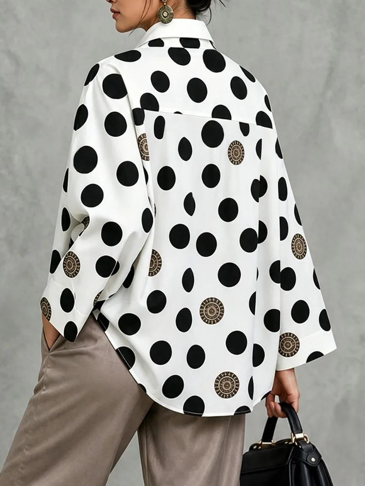 Yeezzi Damen Retro Polka Dot Bedrucktes Hemd Oberteile 2026 Neu Langarm Oversized Elegante Büro-Arbeitsblusen mit Revers für Damen – Detail 6