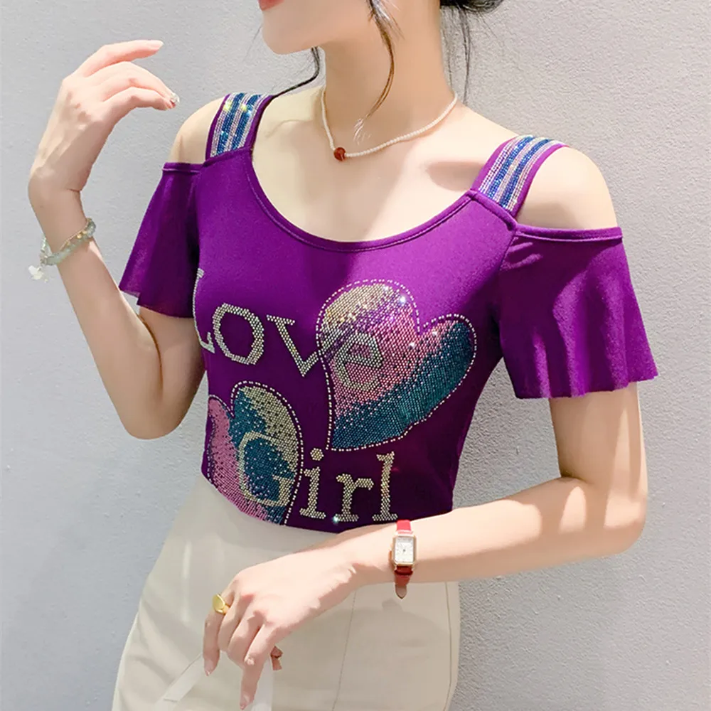 High-end Custom Summer New Shiny Love Heart Diamonds T-Shirts Sexy Off Shoulder Short Sleeve Tops Streetwear Girl Slim Mesh Tees