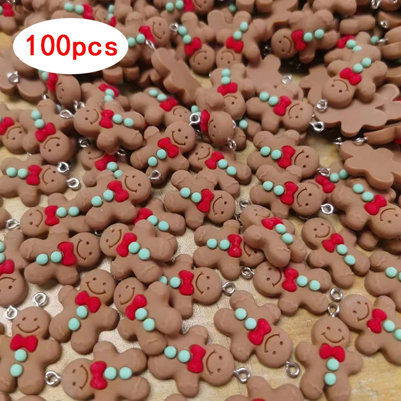 100pcs Bulk Wholesale Gingerbread Man Resin Charms Hot Christmas Food Earring Pendant Accessory Diy Cute Jewelry 28x20mm