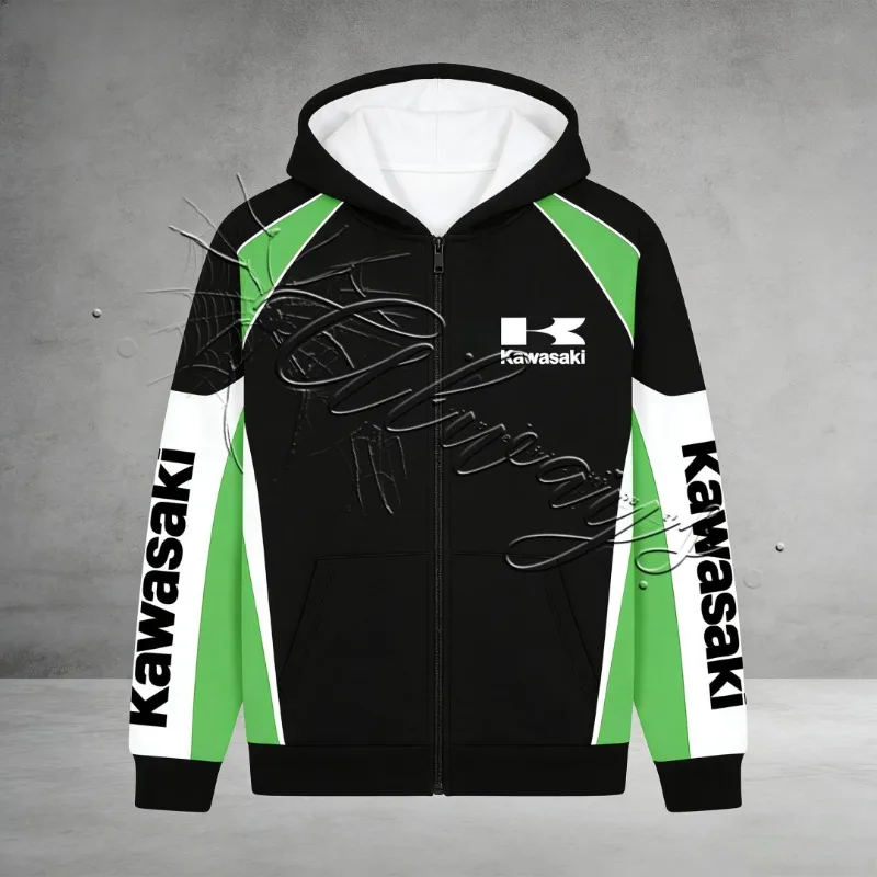 2026 خريف/شتاء جديد كاواساكي دراجة نارية الدافئة هوديي للرجال والنساء موتو قلنسوة بسحاب معطف الموضة فضفاض غير رسمي #1