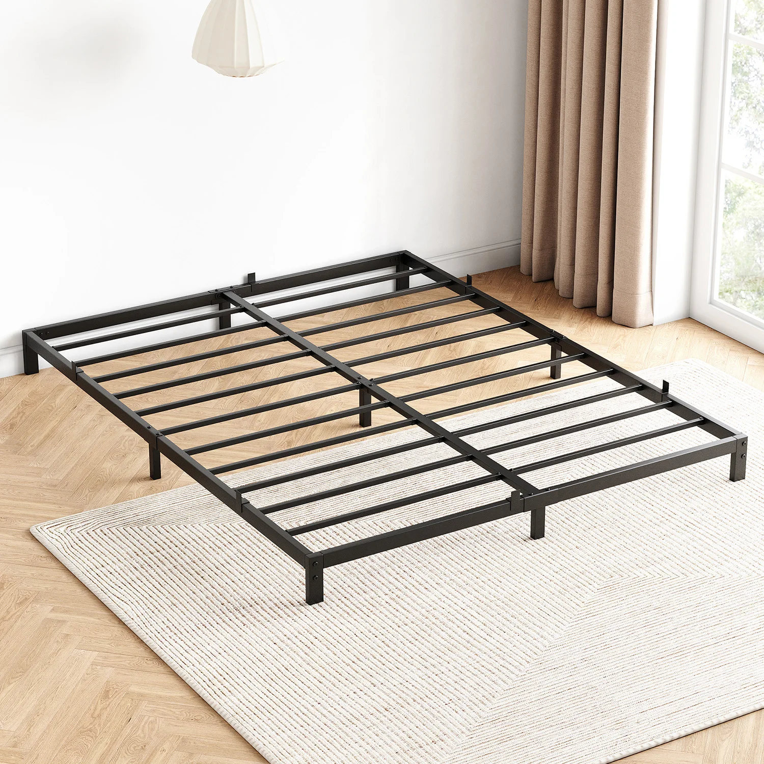 Image of Robuster, flacher Metallbettrahmen – Plattformgestell mit Stahllatten, geräuscharm, kein Boxspringbett erforderlich, einfache Montage, moderne schwarze Schlafzimmermöbel, Matratzenunterlage