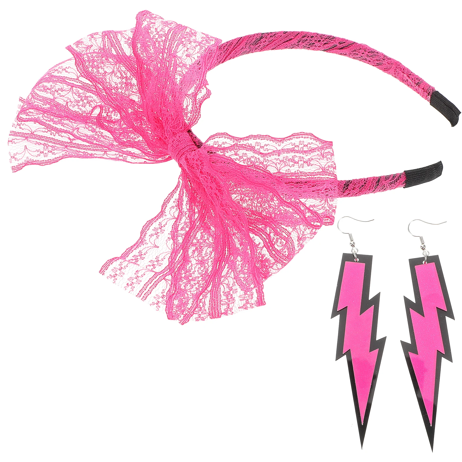 

Retro Hair Accessories Set Neon Lace Bow Headband Vintage Earrings for Women Glow Party Halloween Punk Lightweight Plastic