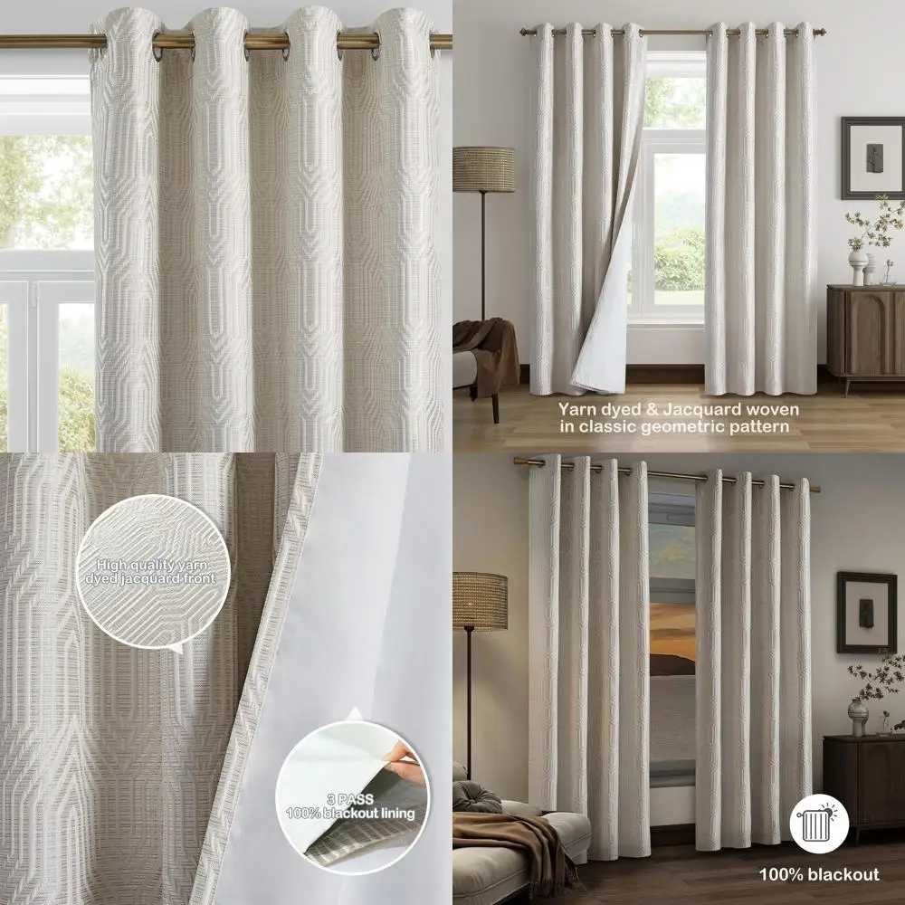 

Кремовые жаккардовые шторы с геометрическим рисунком, 100% затемнение, длина 52 x 84, теплоизоляционные, шумоподавляющие, антикоррозийные люверсы для H