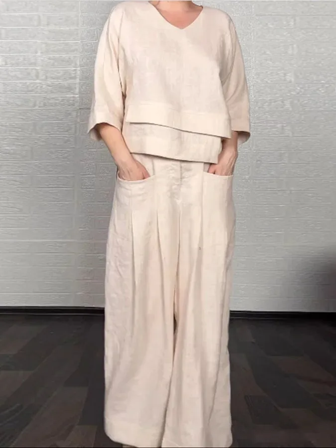 

Casual Cotton Linen 2 Piece Set Spring New Asymmetric V-neck Half Sleeve Pullover Top Wide Leg Pants Set Women Fashion Commuting