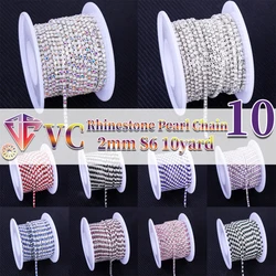2mm Silver Pearl Rhinestone Cup Chain Ribbon Glass Dense Colorful Rhinestone Pearl Chain Trim Apparel Cup Chain For DIY Garments
