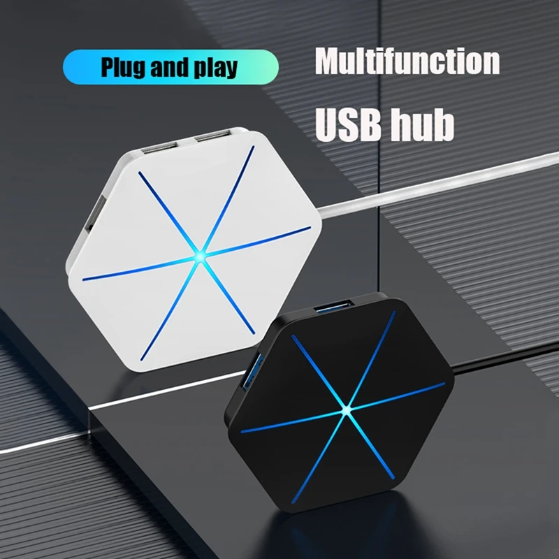 1 Piece 6 Port For NEW HUB Splitter With TF SD Card Reader OTG RGB Indicator Phone Charging Computer Extender Hexagon Splitter