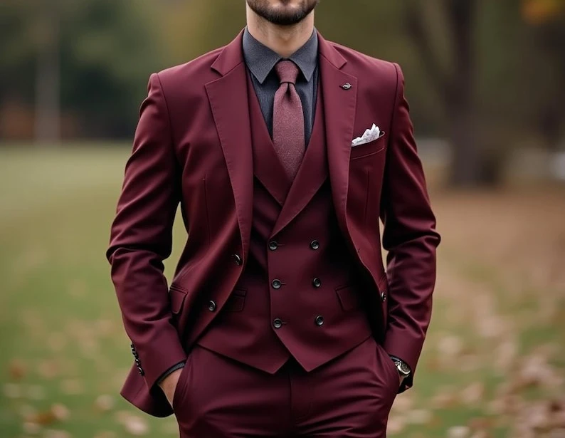 

Burgundy Men's 3 Piece Suit Wedding Tuxedo Groomsmen Suit Men Tuxedo Suits