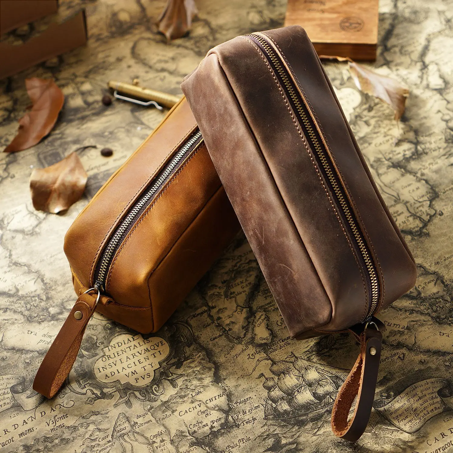 Genuine Leather Zipper Simple Small Organizer bag Vintage Style Crazy Horse Leather Travel storage bag