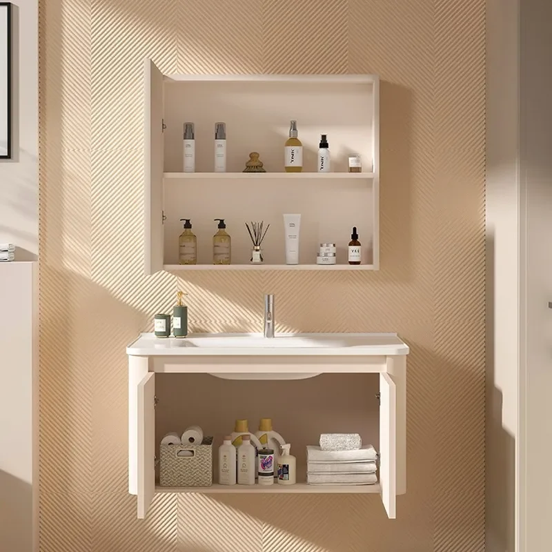 Cream Style Bathroom Cabinet with Ceramic Integrated Basin Honeycomb Aluminum Vanity Unit Washbasin and Storage Combo for