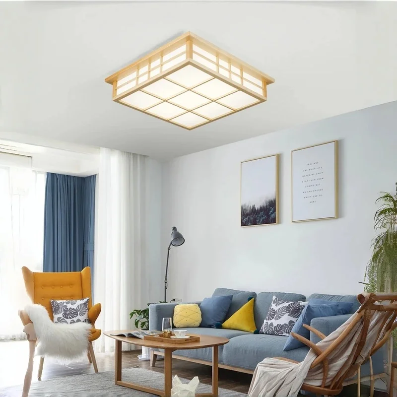 Natural Wood Japanese Style LED Ceiling Light Square Tatami Lamp for Bedroom Living Room