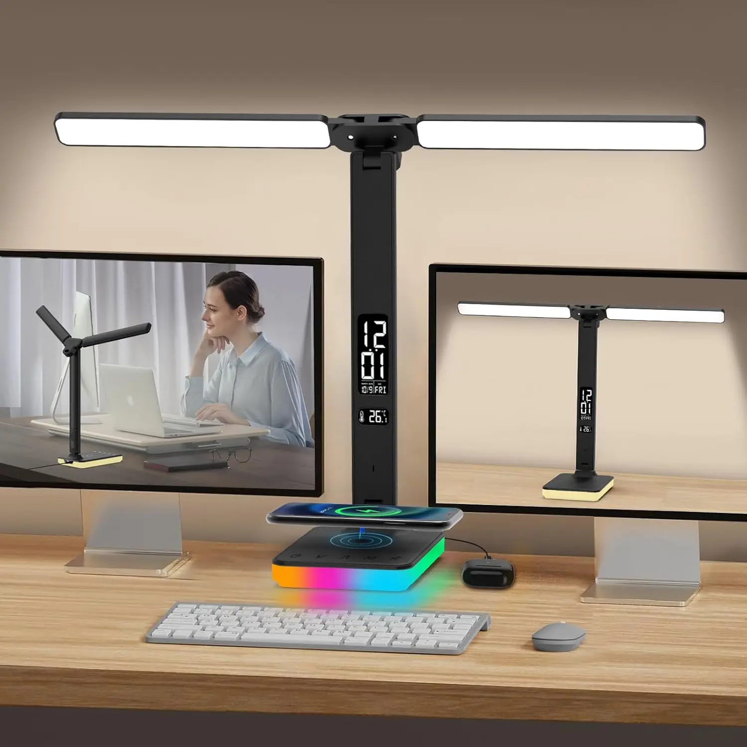 

Светодиодная настольная лампа с зарядным устройством, USB-портом для зарядки, двойным поворотным кронштейном, 5 уровнями яркости, 3 цветами света, настольная лампа с часами