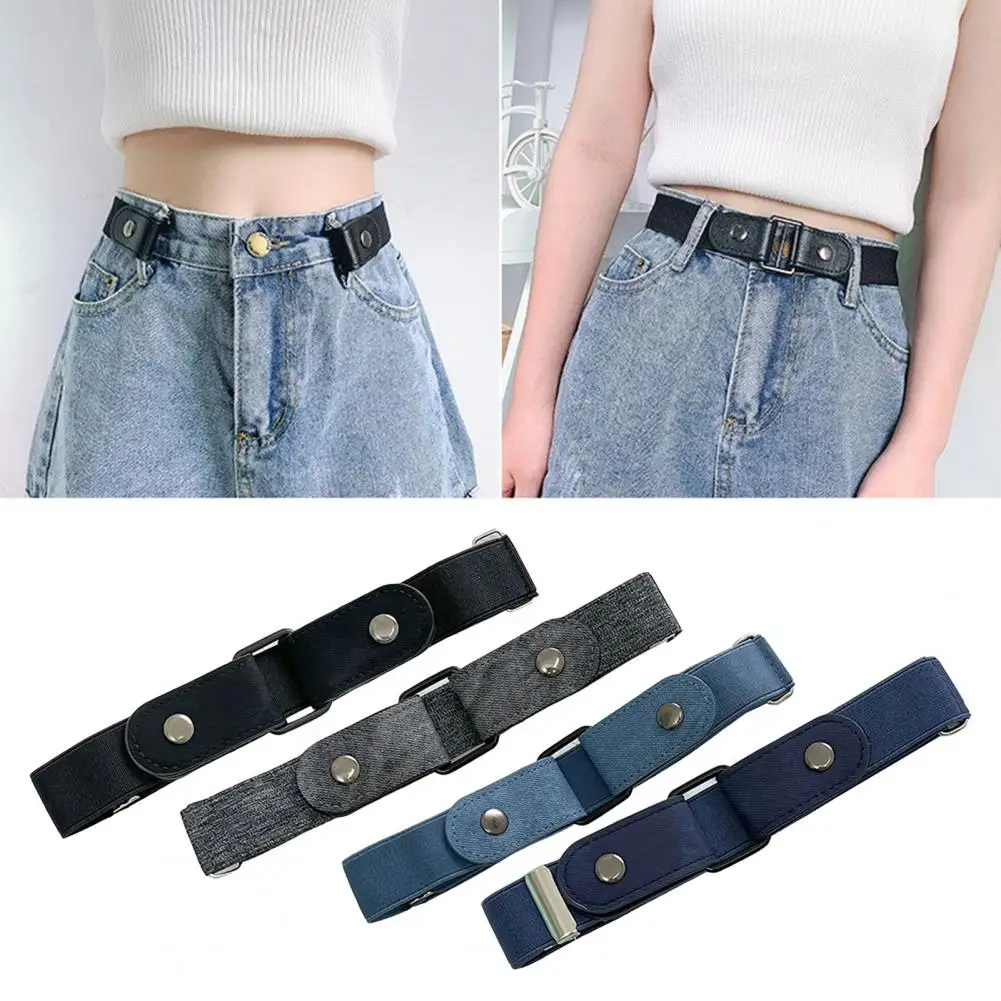 Jeans Belt For Women Adjustable Invisible Buttons Closure Unisex Belt No Buckle Stretchy Jeans Lazy Belt Costume Accessories