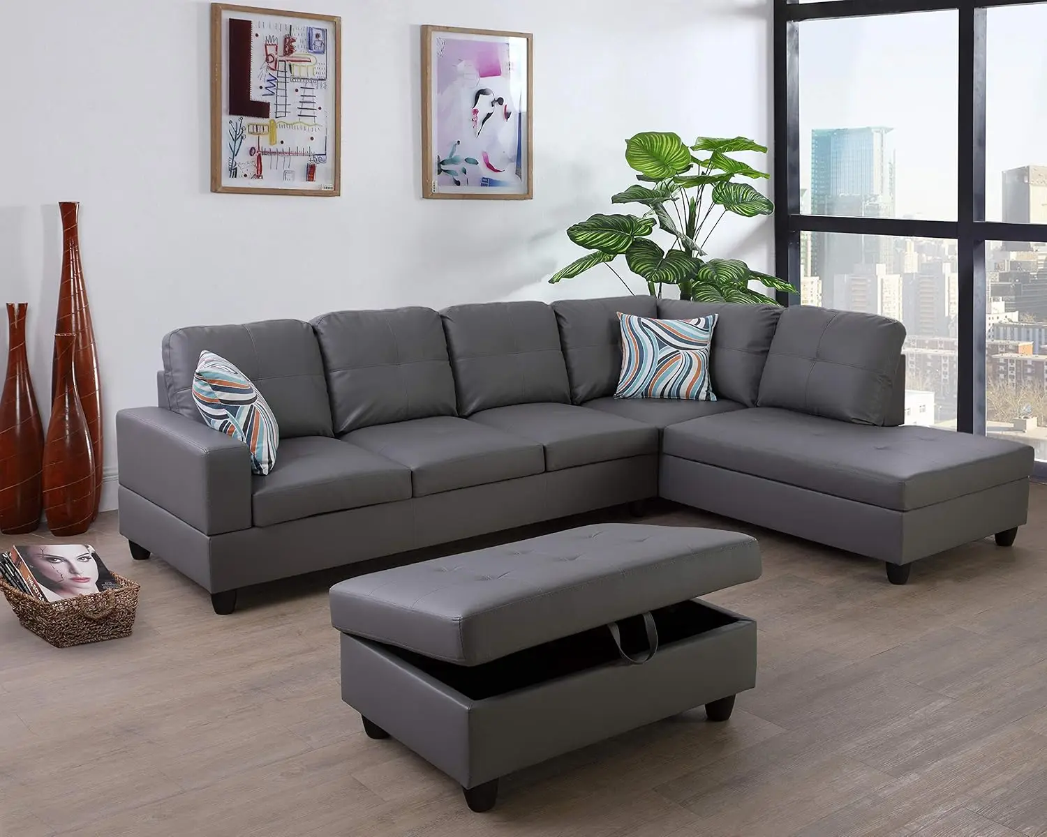 Modern Fine Funiture Sectional Sofa Set,Faux Leather Sofa with Storage Ottoman for living room,office, Cloud Gray/Caramel/Powder