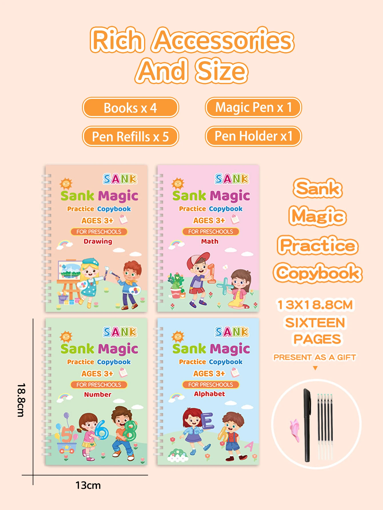 4권의 책+1펜+5연필+1펜 홀더 한자 연습장, 재사용 가능한 필기 복사 스케치 연습장