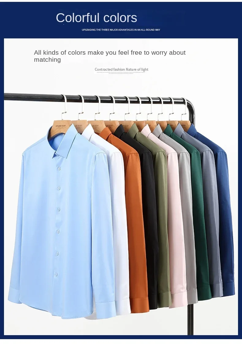 Sommerhemd, weißes, glänzendes, bügelfreies Herrenhemd, knitterfreies Herren-Businesshemd aus Eisseide, lässiges, hochwertiges, nahtloses Business-Hemd – Detail 4