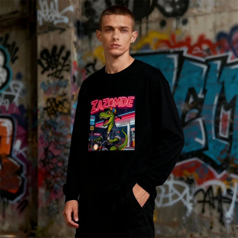 ZAZOMDE 2025 New Mens American Comic Book Style Graphic Print Long Sleeve Cotton T Shirt Vintage Design Streetwear Top For Men