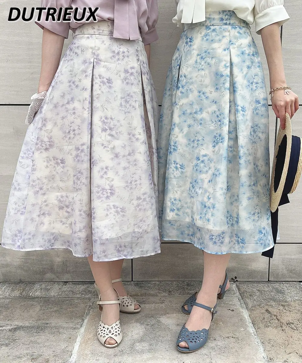 

Summer New All-Match Elegant Lady Style Printed Skirt Commuter High Waist Slimming Retro Mid-Length Floral Skirts for Women