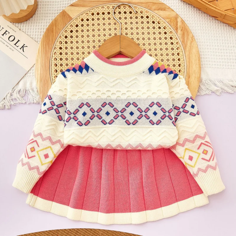 

Children's Outfit Skirt New Autumn Winter Girls' College Style Knitted Long Sleeve Pullover Top+Short Skirt Two-Piece Set