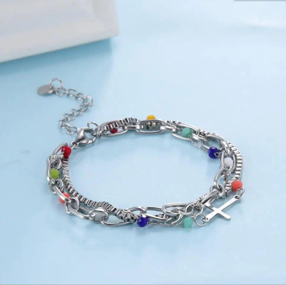 1PC New Fashion Stainless Steel Bracelets Link Cable Chain Cross Golden Enamel Bracelet Jewelry For Women Gifts F1256