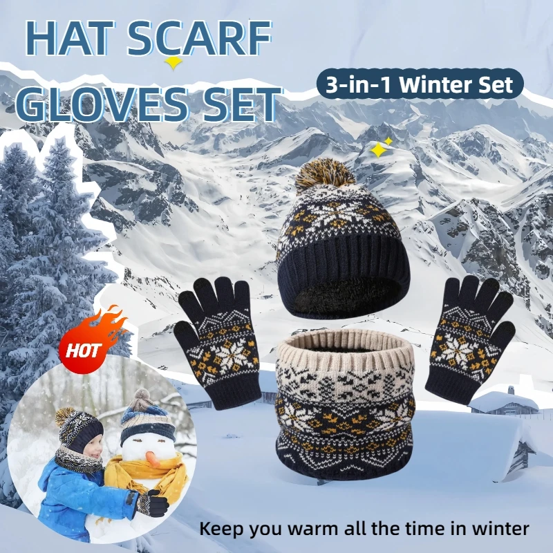 Kid Winter Warm Thicken Hat Scarf and Gloves Set, Thermal Fleece Lined Slouchy Beanie Neck Scarves Gloves,3 in 1 Warm Set