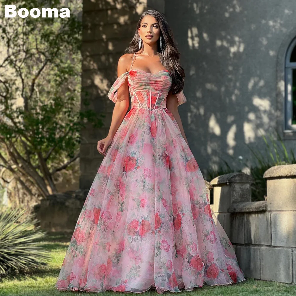 Booma Printed Chiffon Prom Dresses Off Shoulder Long Evening Dresses for Wedding Party Pleat A-Line Homecoming Dress Lace Up