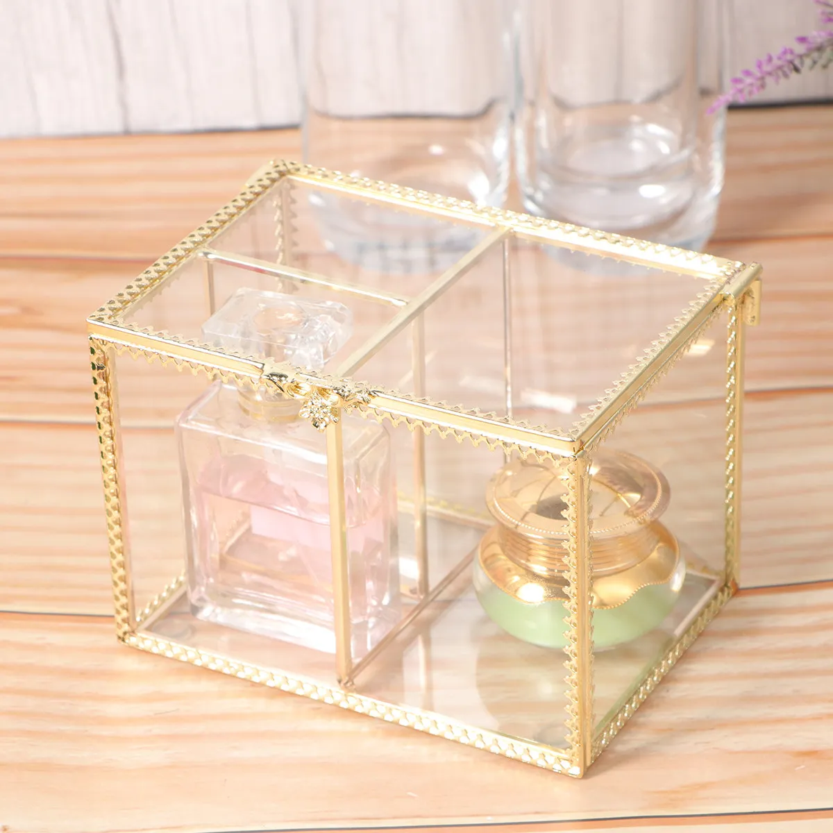 1Pcs Premium Glass Cosmetics Storage Box with Gold Trim Geometrical Design Desktop Jewelry Organizer for Earrings Necklaces