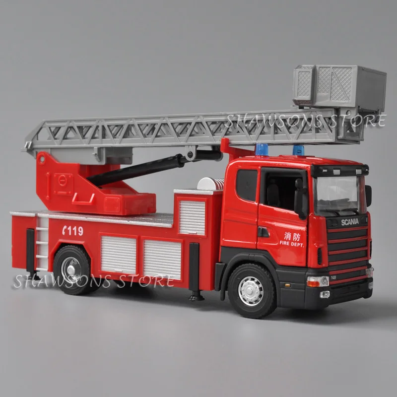 Brinquedo modelo do veículo do motor de incêndio Diecast, réplica diminuta do caminhão da escada, som e luz, T420, escala 1:43