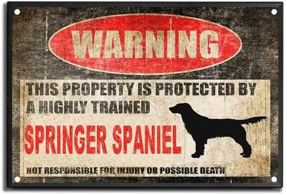 ELIPOS Tin Sign Beware of Dog Signs Fence Springer Spaniel Sign This Property is Protected Funny Metal Tin Sign Vintage Metal Si