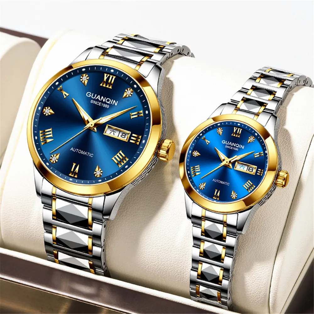 GUANQIN Automatic Mechanical Tungsten Steel Couple Watch Set Waterproof Sapphire Clock Week Calendar Japan Movement Wristwatch