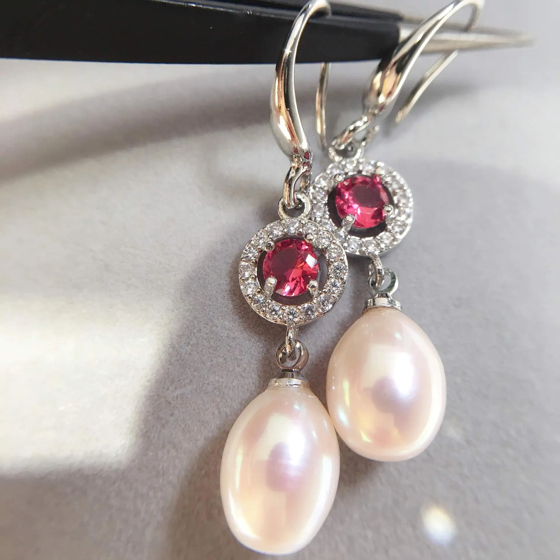 

High quality Elegant Red Gemstone pearl Earrings Rhinestone ruby earrings 925 silver needle Party earrings