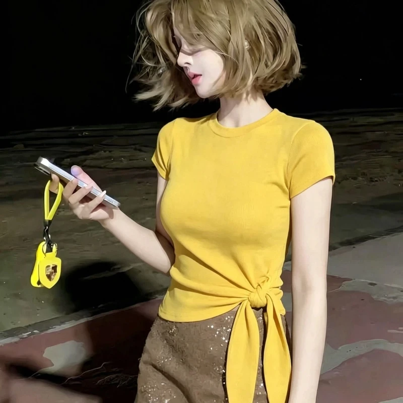 Sexy Short Sleeve Irregular Bandage Solid Pullovers Top Women Clothing Simplicity Youth Trend T Shirts Korean Fashion Summer New