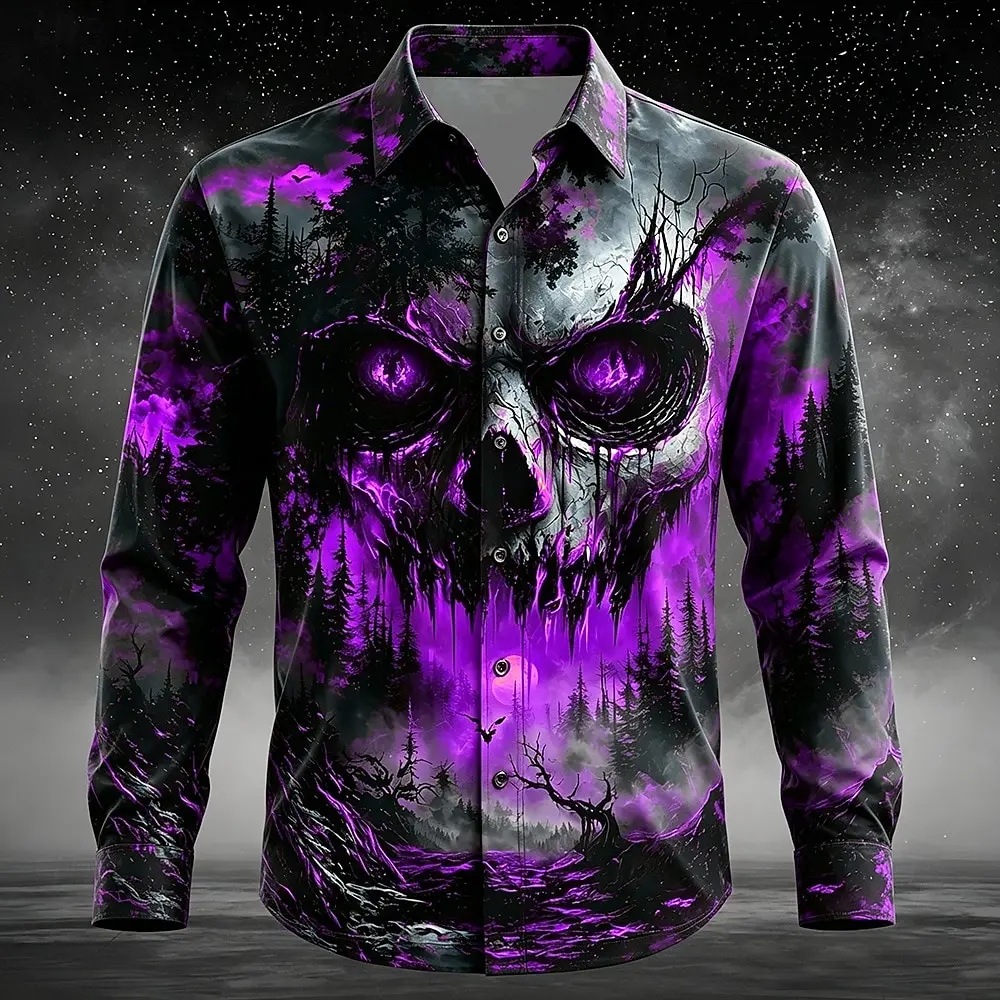 Men Long Sleeve Button Down Shirt Red Black Skull Horror Forest Print Polyester Lapel Collar Halloween Party