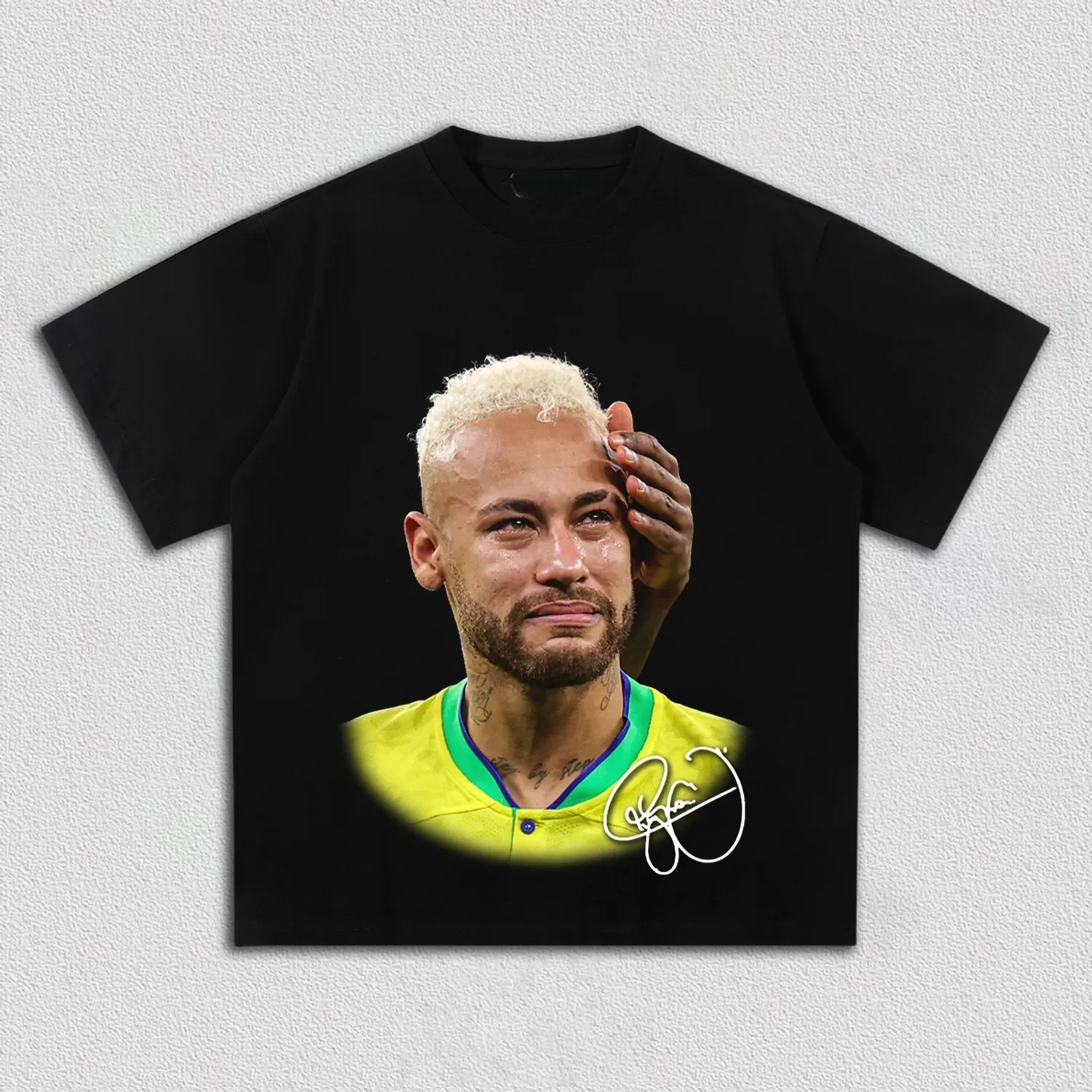 Black Front Soccer Athlete Portrait Handwritten Signature Print Unisex Drop Shoulder Loose Cotton Street Top For Adults Children