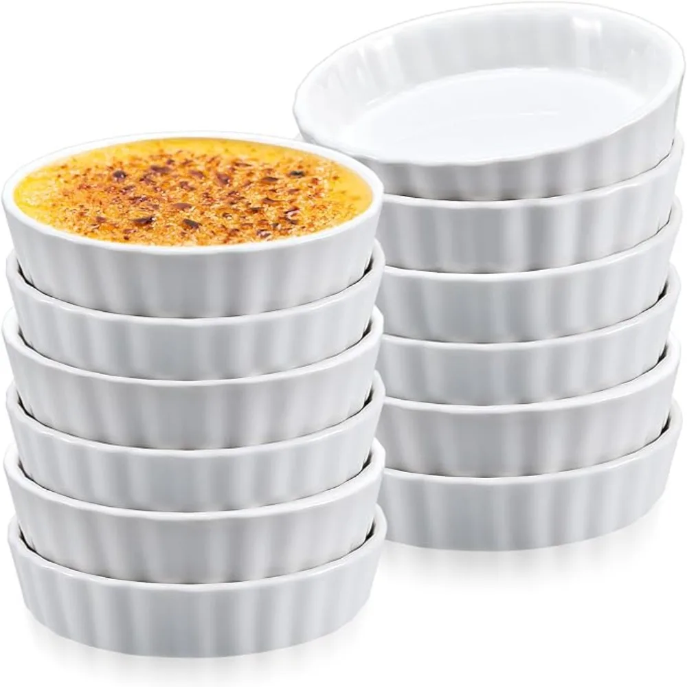 6pcs Individual Serving Ceramic Creme Brulee Ramekins Round Shallow Souffle Dishes White Steamed Egg Dishes Bakery