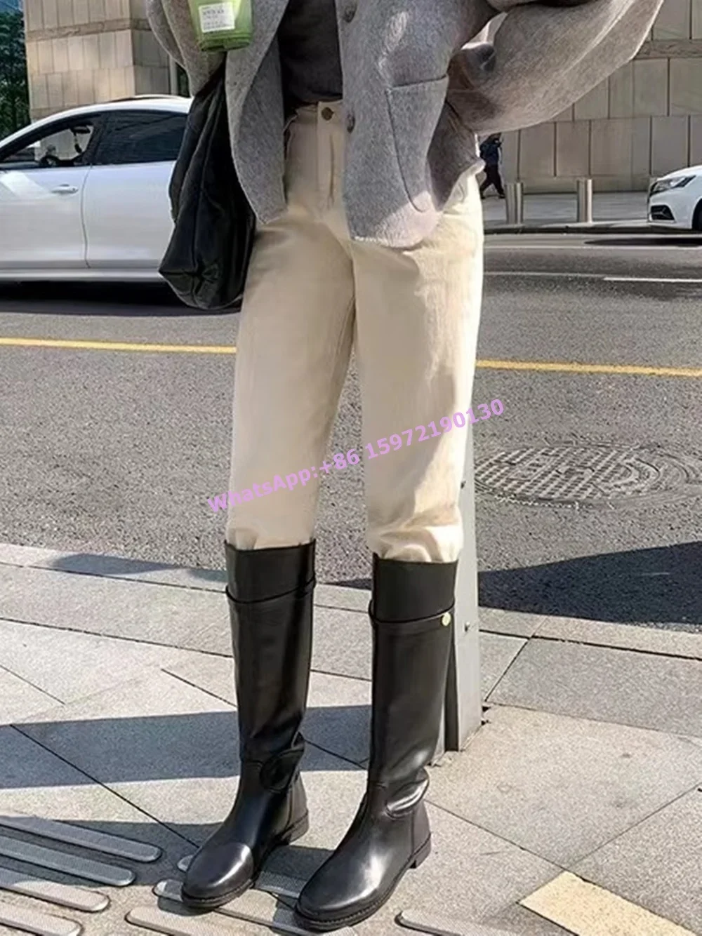 Belt Black Long Boots Round Toe Square Heels Slip On Metal Button Flat with Knee High Boots Hotties Leisure Winter Shoes image 6