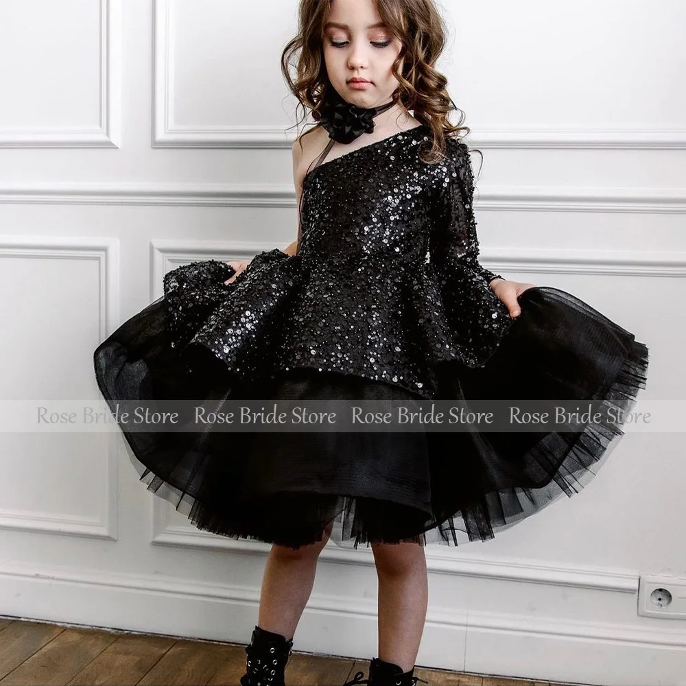 Black Party Dresses for Girls Ball gown One Shoulder Long Sleeve Flower  Dress Short Sequined Beaded Luxury flower  Gown