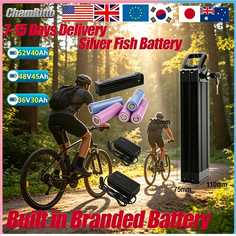 

Литиевая батарея Silver Fish 36В 48В 52В 60В 72В 20Ач 30Ач 40Ач 50Ач 60Ач для электровелосипедов, 500Вт 750Вт 1500Вт 2000Вт