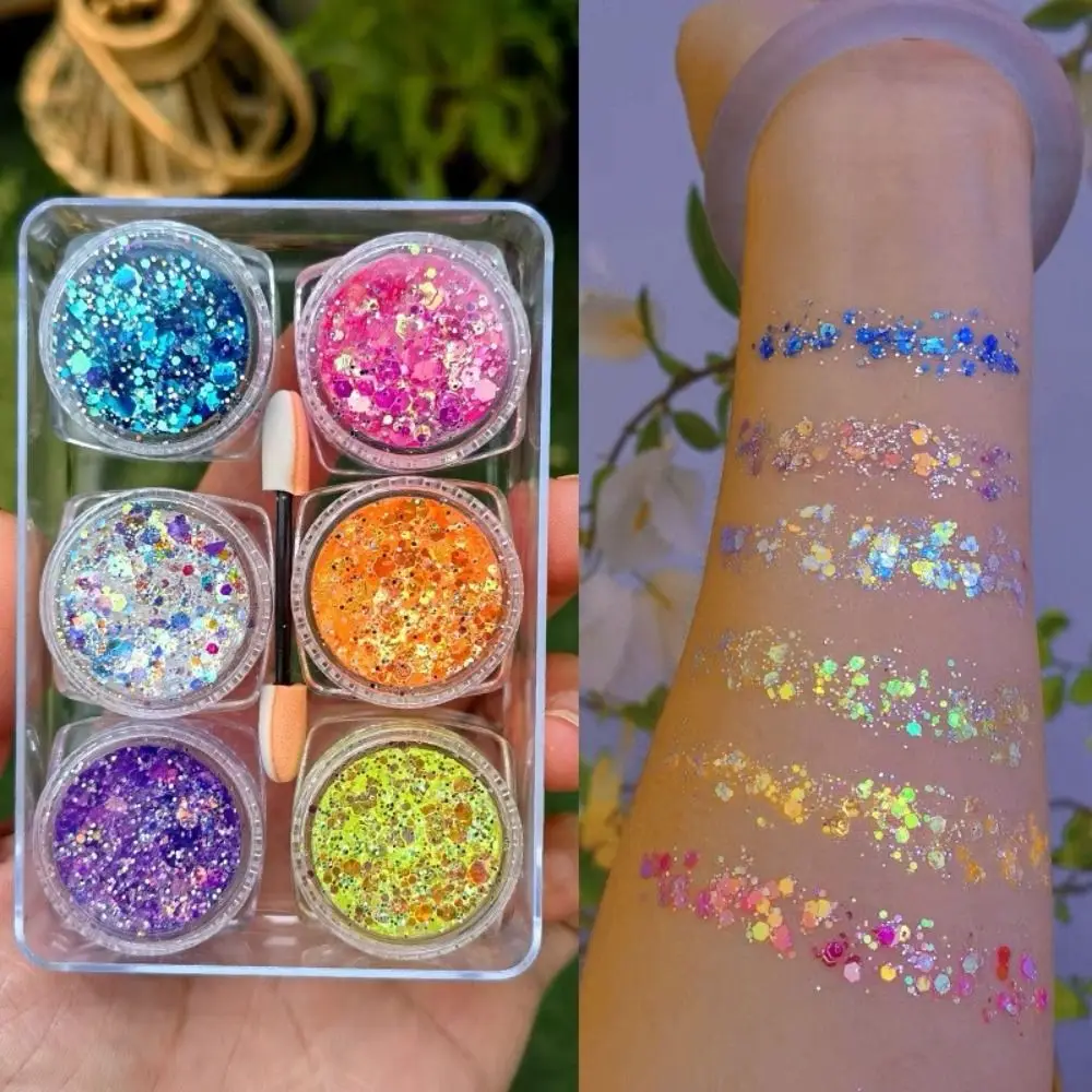 6Jars/Set Cute Colorful Eyeshadow Glitter Gel Stage No Glue Required Heart Star Moon Sequins Face Hair Body Nail Glitter Gel