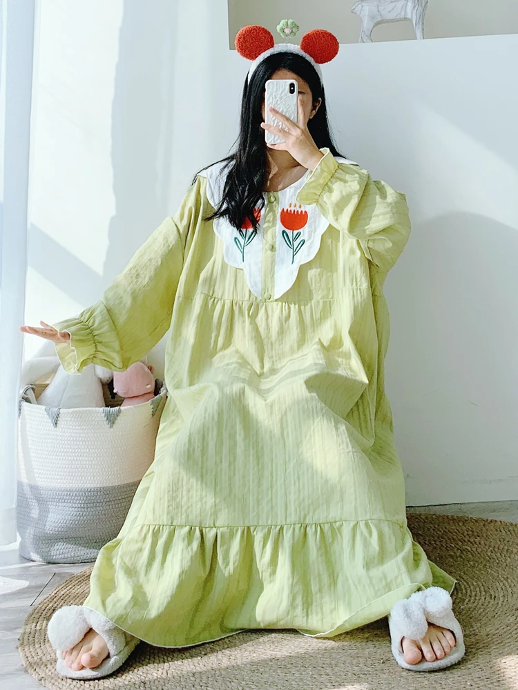 

Extended Pure Cotton Sp Dr with Long Sves And Embroidery for Pregnant Women And plus Size Home Clothes for Spring Au...
