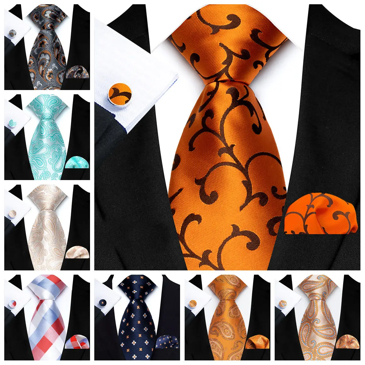 100% Silk Tie Set for Men Luxury Paisley Stripe Tie Pocket Square Cufflinks 3PCS Gift Wedding Banquet Business Party Accessories