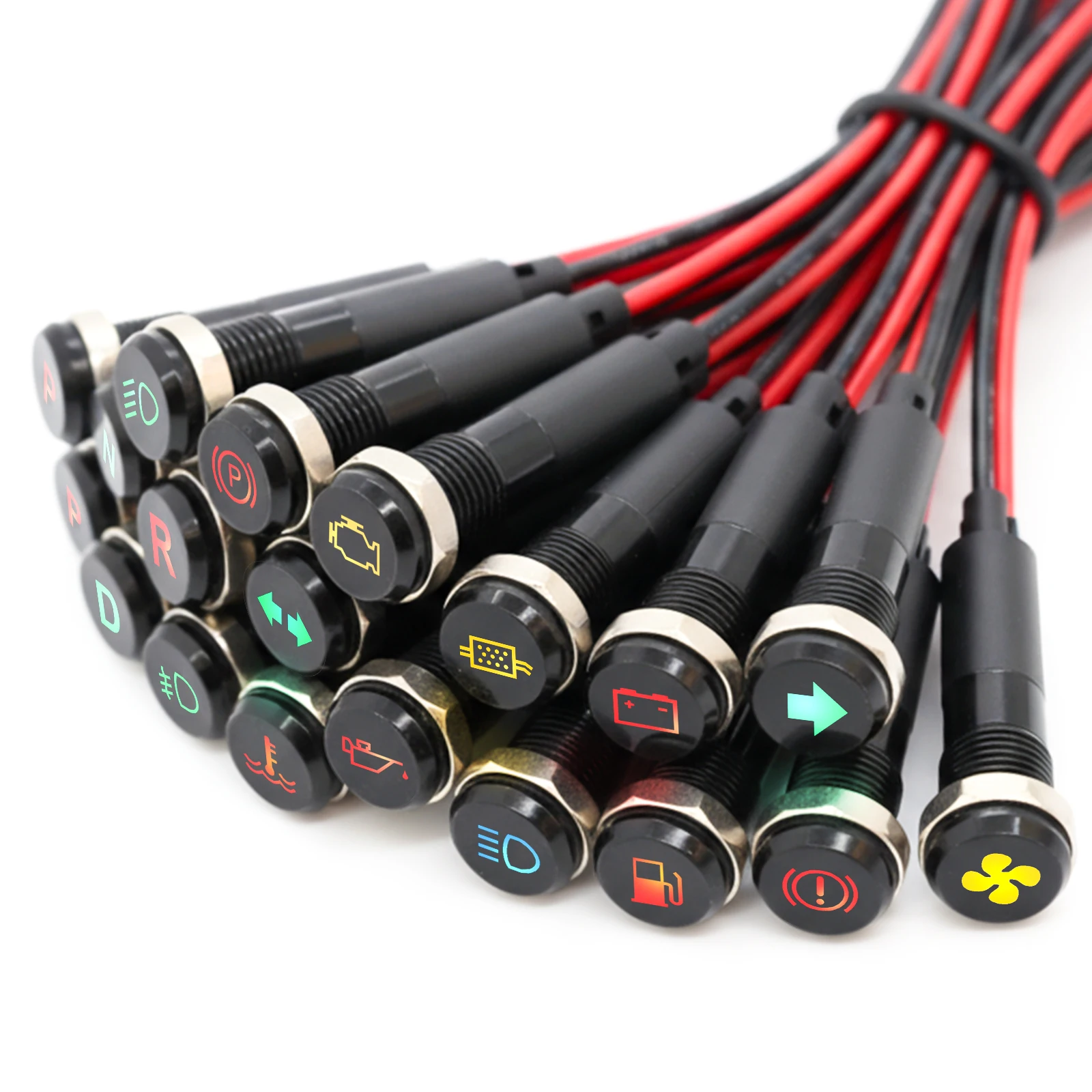 FILN 8mm Metal Symbol LED Indicator Light 12V Dash Signal Lamp with Quick Wire Connector for Car Motorcycle Marine Dashboard