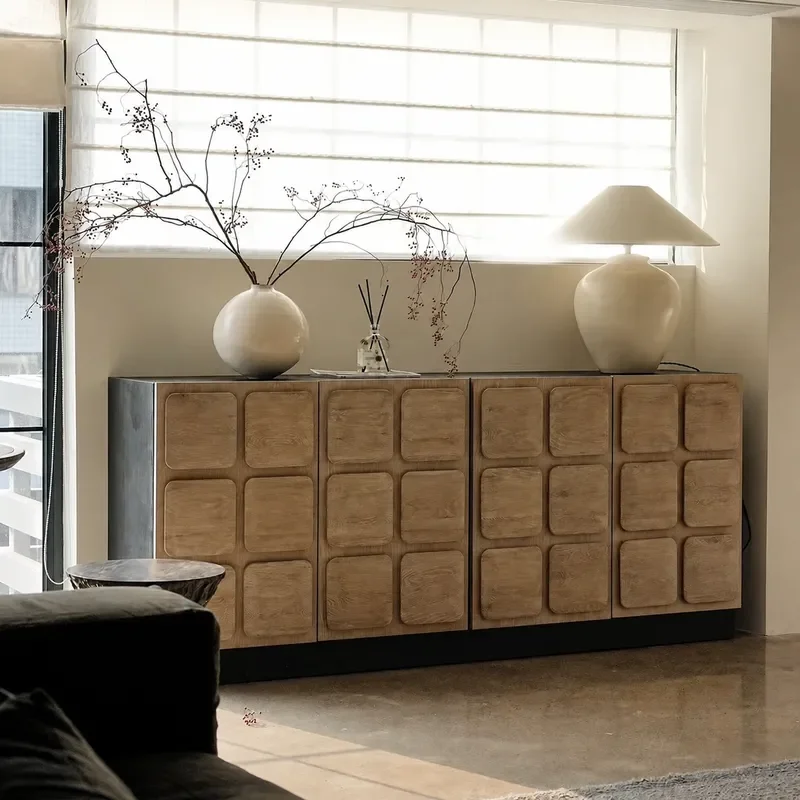 Solid Wood Dining Side Cabinet Retro Log Storage Locker Multi Functional Kitchen Buffet Cupboard with Doors and Drawers
