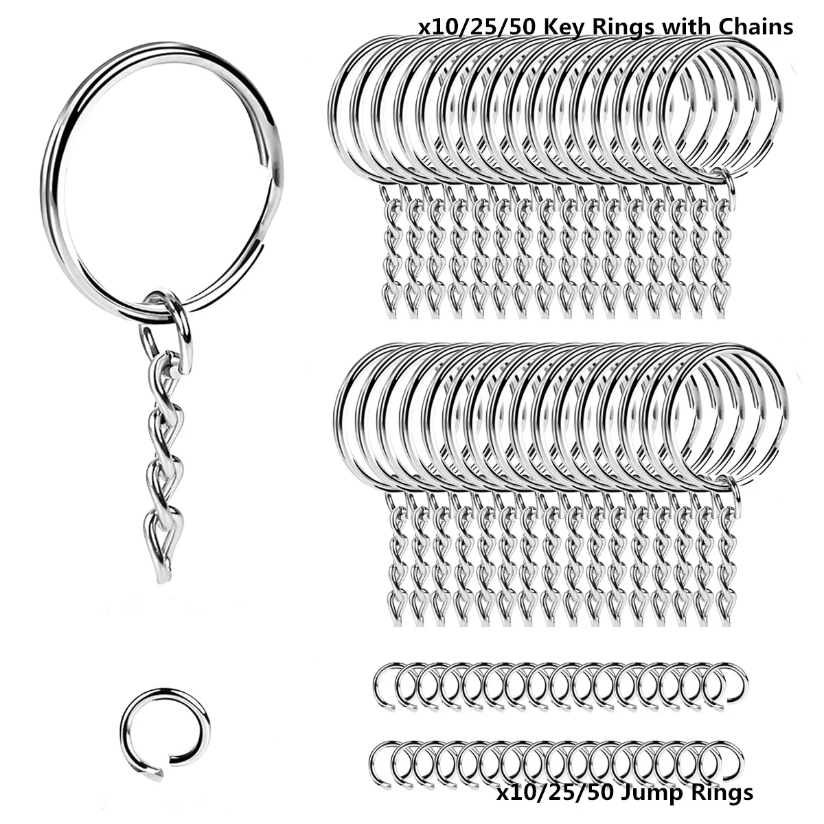 10/25/50 set sleutelhangers met kettingen en open jumpers, 1 inch open ronde sleutelhangerringen in bulk Geschikt voor handwerk om sieraden te maken