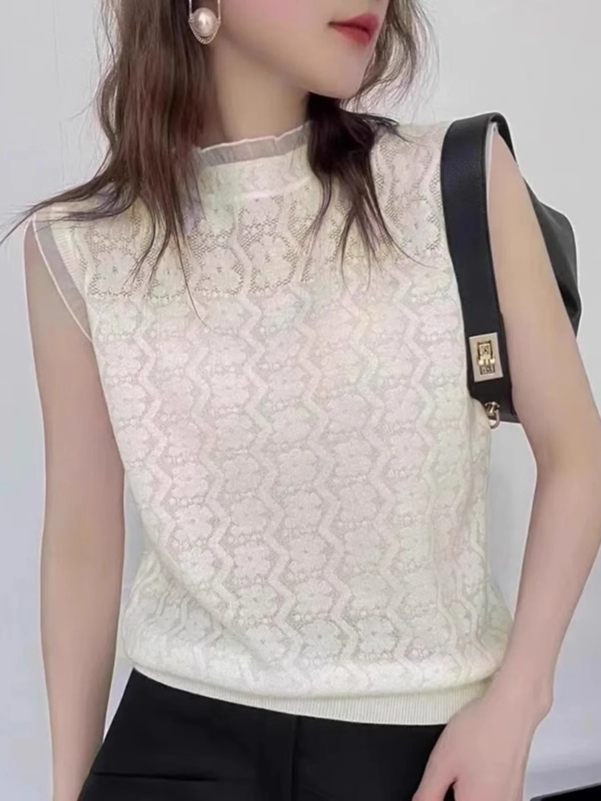 

Brand Outlet Special S Women's Lace Hollow out Svel Base Knitted Vest Top Korean Sle Straight Cut Spring Faion