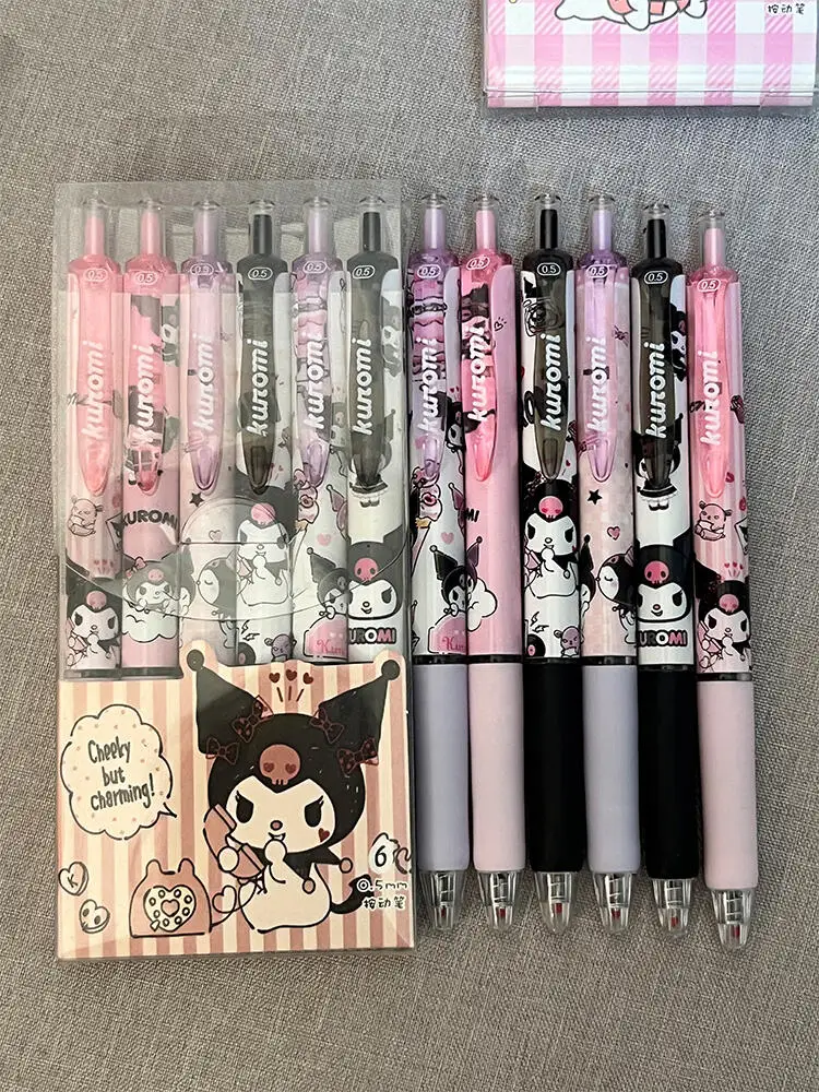 6Pcs Sanrio Gel Pen Hello Kitty Cartoon Kuromi ST Quick Drying Black 0.5mm Press The Ballpoint Pen Learning Stationery Gifts