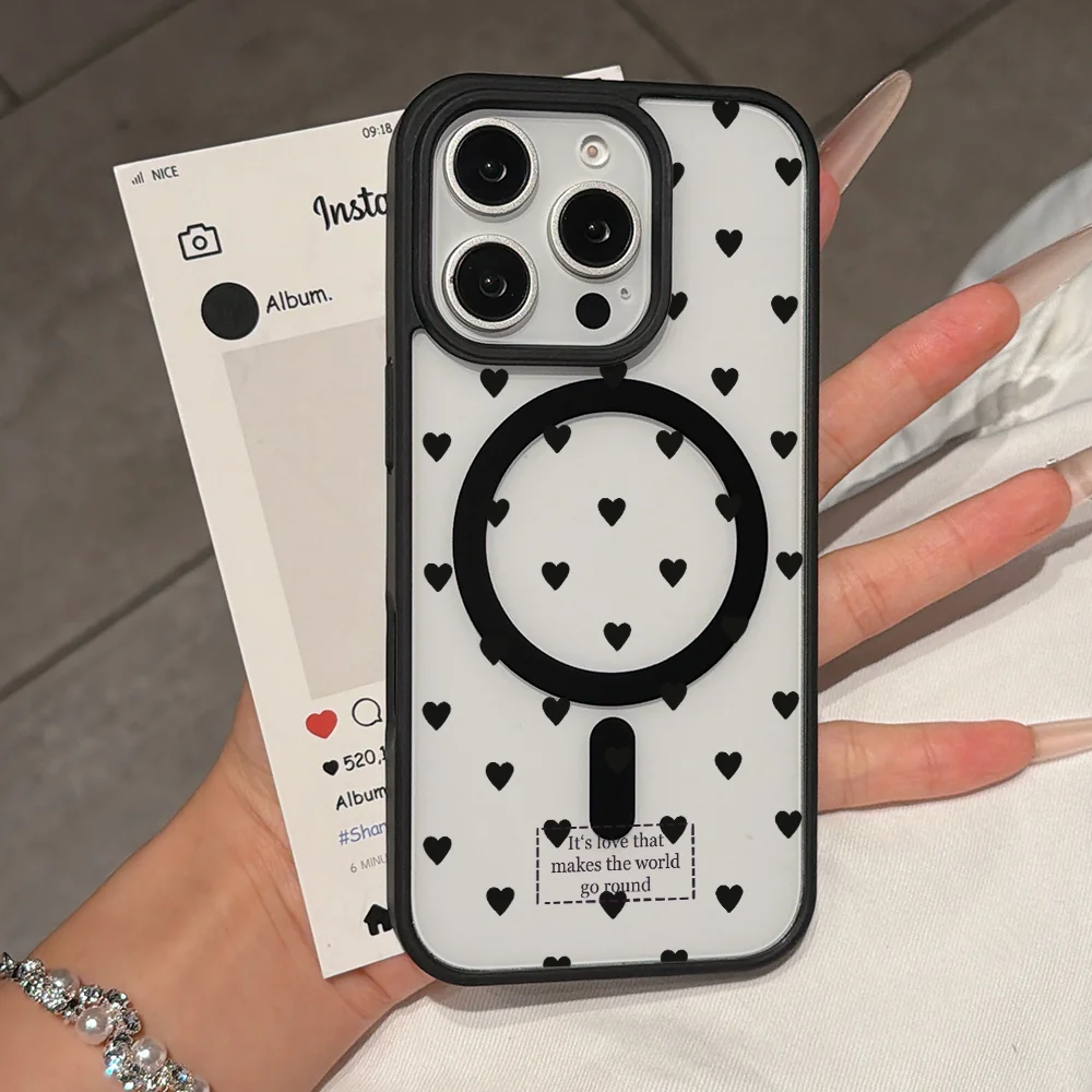 Black Hearts Love Magnetic Shockproof Phone Case For iPhone 18 17 16 15 14 13 12 11 Pro Max Anti Drop Cover