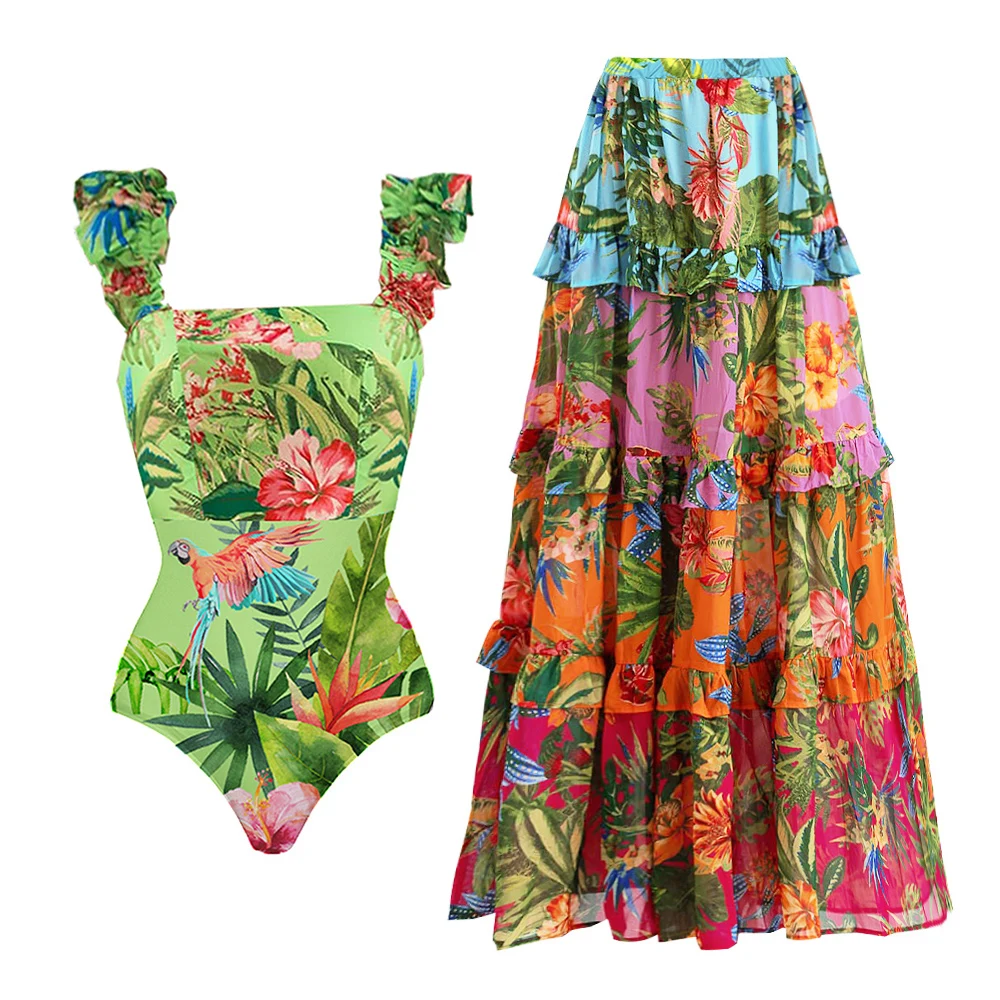 Sling Ruffle Printed One Piece Swimsuit and Skirt Clearance Wholesale