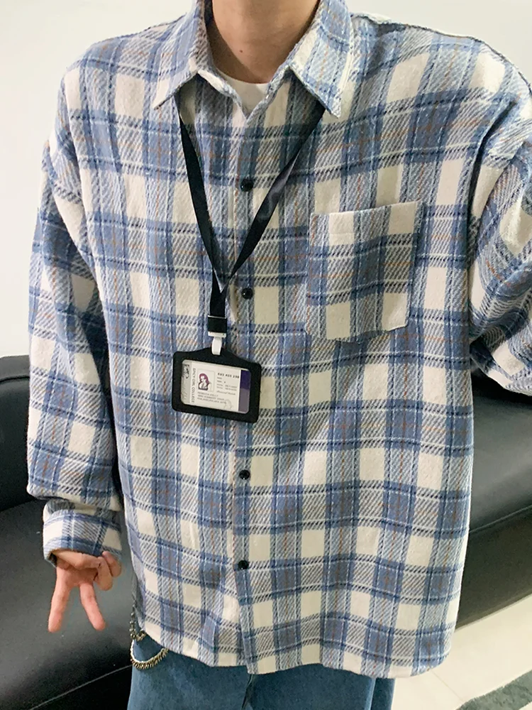 

Мужская удлиненная куртка в синюю клетку, свободного кроя, повседневная, осенняя, больших размеров, с эффектом необработанности, для создания стиля Cleanfit